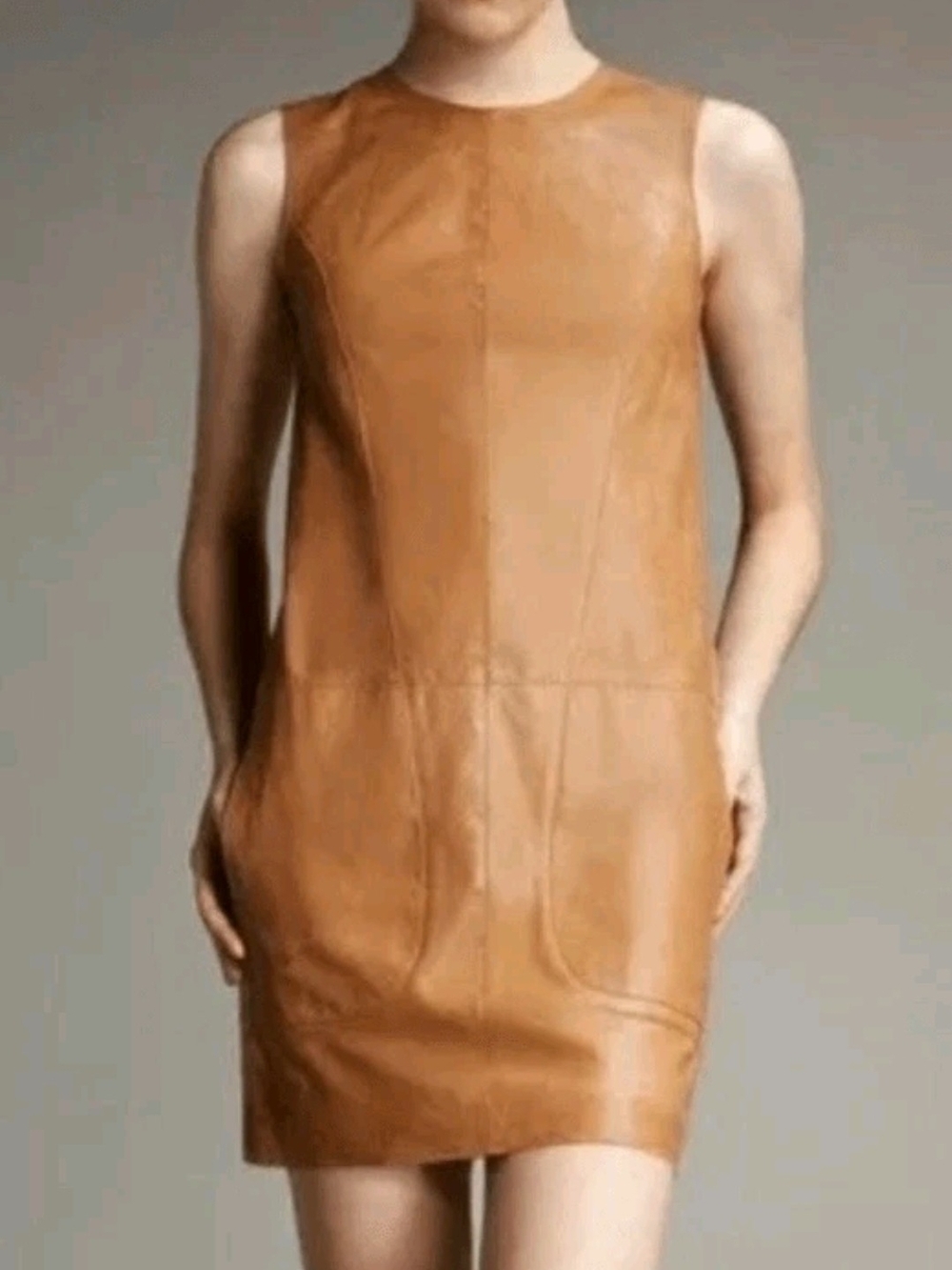Vince Women's Brown Leather Sleeveless Shift Mini Dress Pockets size 6